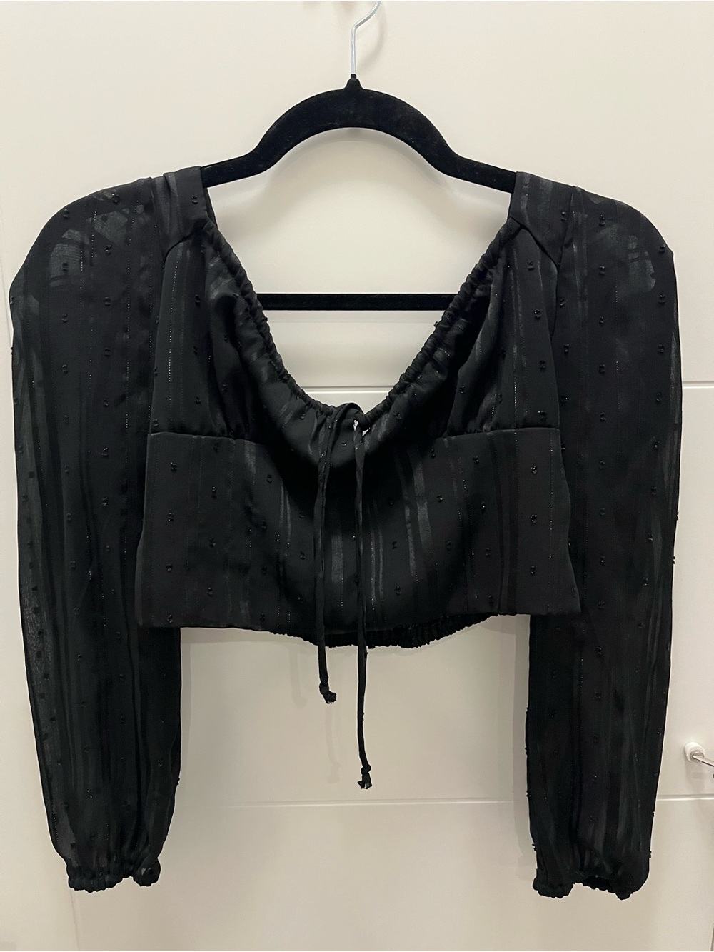 URBAN Romantics Black Sheer Dot-Detail Long Sleeve Crop Top